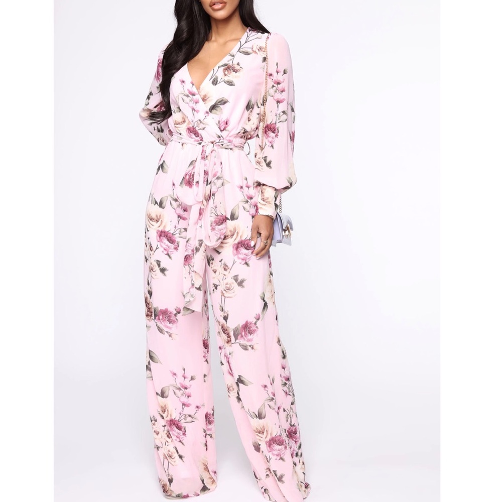 Fashion Nova Chiffon Jumpsuit Pink/Combo Floral